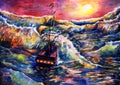 Sea landscape painting with ship, watercolor background drawing, sunset in ocean illustration, its art hand drawn by watercolor Royalty Free Stock Photo