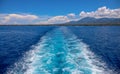 Sea landscape perspective view. Nautical boat travel beckdrop. Cruise ship trail