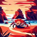 Sea landscape with red sand, rocks, stones and old fortress. Vector cartoon illustration. generative AI