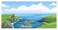 Sea landscape with rocky coastlines, rocks, cliffs, stones, blue sky with big fluffy clouds.