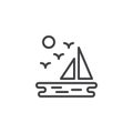 Sea landscape with sailboat flying birds and sun outline icon