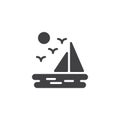 Sea landscape with sailboat flying birds and sun vector icon