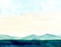 Sea landscape, Sea side, beach, mountains. Beautiful watercolor hand painting illustration.