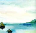 Sea landscape, Sea side, beach, mountains, stones. Beautiful watercolor hand painting illustration
