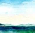 Sea landscape, Sea side, beach, mountains. Beautiful watercolor hand painting illustration.