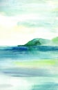 Sea landscape, Sea side, beach, mountains. Beautiful watercolor hand painting illustration.