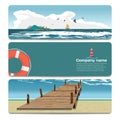 Sea landscape summer beach, old wooden pier, island, lighthouse Royalty Free Stock Photo