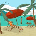 Sea landscape summer beach, palm tree, sun umbrellas Royalty Free Stock Photo