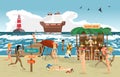 Sea landscape summer beach. Vector cartoon flat illustration