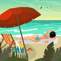 Sea landscape summer beach. Young woman in bikini sunbathing Royalty Free Stock Photo