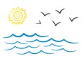 Sea landscape with sun and seagulls hand drawing design, stock v