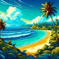 Sea landscape with tropical beach, ocean seashore. Paradise island panorama with palm tree and sky, exotic resort summer vacation. Royalty Free Stock Photo