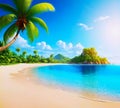 Sea landscape with tropical beach, ocean seashore. Paradise island panorama with palm tree and sky, exotic resort summer vacation. Royalty Free Stock Photo