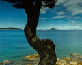 Sea landscape, two islands on the horizon and a motor yacht Royalty Free Stock Photo