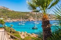 Sea landscape with yachts at bay of Sant Elm on Majorca Royalty Free Stock Photo