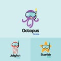 Sea life Animal Scuba Logo Template. Octopus, Jellyfish, Starfi