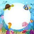 Sea life animals with ocean scene and circular copy space . Cartoon style . Vector