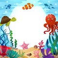 Sea life animals with ocean scene and hexagon copy space . Cartoon style . Vector