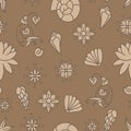 Sea life background. Seamless underwater pattern. Hand drawn vector illustration. Seashells and doodle elements. Beige and brown Royalty Free Stock Photo