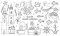 Sea life doodle collection with animals, seaweed and lighthouses