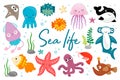 Sea life. fish, jellyfish, hammerhead shark, squid, octopus, whale, starfish. Collection of colorful vector illustrations. Large Royalty Free Stock Photo