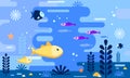 Sea life in flat style. Underwater world background. Gold fish with deferent fishes. Vector illustration design