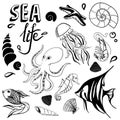 Sea life hand drawn sketch with seahorse, fish, seashell, seastar, jellyfish, octopus