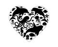 Sea life. I love ocean heart with sea animals. Silhouettes of marine life located in the shape of a heart - dolphins, killer whale