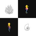 Sea life icon set. Abstract seahorse jellyfish coral and nautilus shell Royalty Free Stock Photo