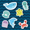 Sea life icons set flat draw Royalty Free Stock Photo
