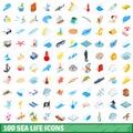 100 sea life icons set, isometric 3d style