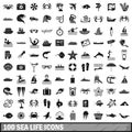 100 sea life icons set, simple style Royalty Free Stock Photo