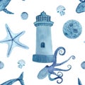 Sea life lighthouse watercolor hand-drawn blue monochromatic seamless pattern isolated on white. Royalty Free Stock Photo