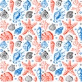 Sea life marine shells, coral and underwater stars hand drawn style vector seamless pattern background Royalty Free Stock Photo