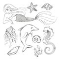 SEA LIFE Monochrome Cartoon Tropical Vector Illustration Set