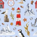 Sea life nature elements seamless pattern. Watercolor illustration. Hand drawn lighthouse, puffin, seagull cliff, anchor