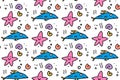 Sea life seamless pattern with cute doodle fishes and starfish. Hand drawn lines cartoon fish. Marine background. Vector