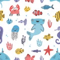 Sea life seamless pattern. Hand drawn algae, blowfish, puffer, crab, hammerhead shark, whale, starfish, shark, seahorse