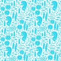 Sea life seamless pattern with sea horse, fish and water plant. Vector illustration. Royalty Free Stock Photo