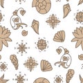 Sea life. Seamless underwater pattern. Hand drawn vector illustration. Seashells and doodle elements. Beige drawing isolated Royalty Free Stock Photo