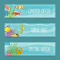 Sea life set of banners for shops. Limited offer. Super sale. Special offer. Cartoon underwater elements, seaweed and Royalty Free Stock Photo