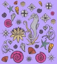 Sea life set. Cute creatures and animals. Underwater wildlife. Hand drawn Illustration. Elements for design isolated on purple