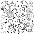 The sea life set with fishes, a starfish, a jellyfish, a crab and bublles Royalty Free Stock Photo