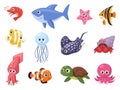 Sea life. Swimming ocean animal, stingray and shark. Cute cartoon octopus and turtle, funny aquarium fish. Marine garish