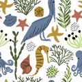 Sea life under water seamless repeat pattern blue, rust, and gold with cream background