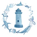 Sea life watercolor hand-drawn blue monochromatic round frame composition with a lighthouse isolated on white. Royalty Free Stock Photo