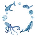 Sea life watercolor hand-drawn blue monochromatic round frame isolated on white. Royalty Free Stock Photo