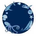 Sea life watercolor hand-drawn blue monochromatic round frame isolated on white. Royalty Free Stock Photo