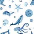 Sea life watercolor hand-drawn blue monochromatic seamless pattern isolated on white. Royalty Free Stock Photo