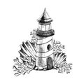 Sea lighthouse with corals and seashells. Illustration of hand drawn graphics, vector in EPS format. Composition